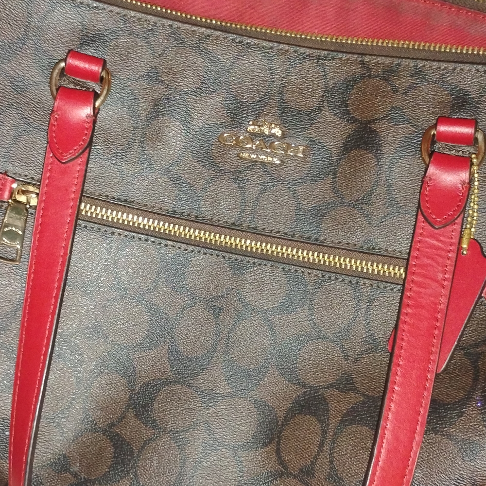 Coach Signature Brown Tote with Red Accents